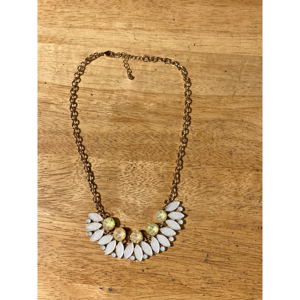 Gold Tone White Marquise Iridescent Statement Bib Necklace Adjustable 19 Inch